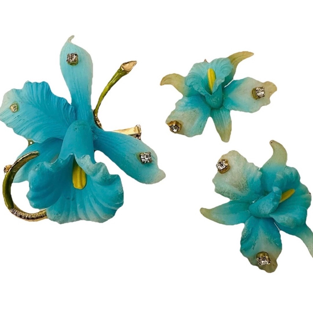 VTG West Germany Mid-Century Blue Lucite? Orchids Brooch & Earring 50’s Parure